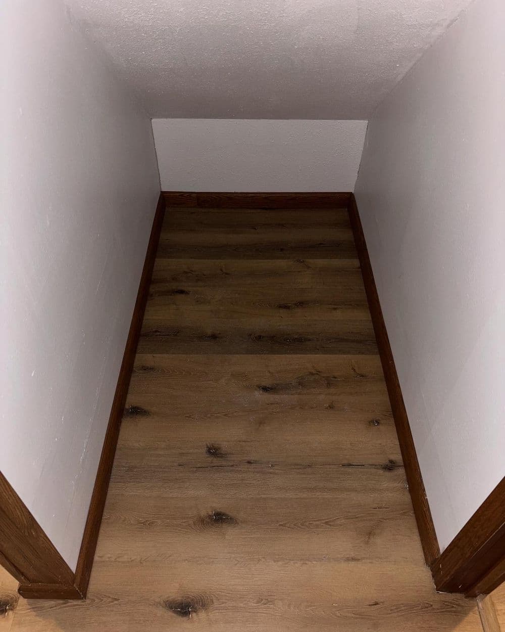 Interior view of a small empty closet with wood flooring and white walls.